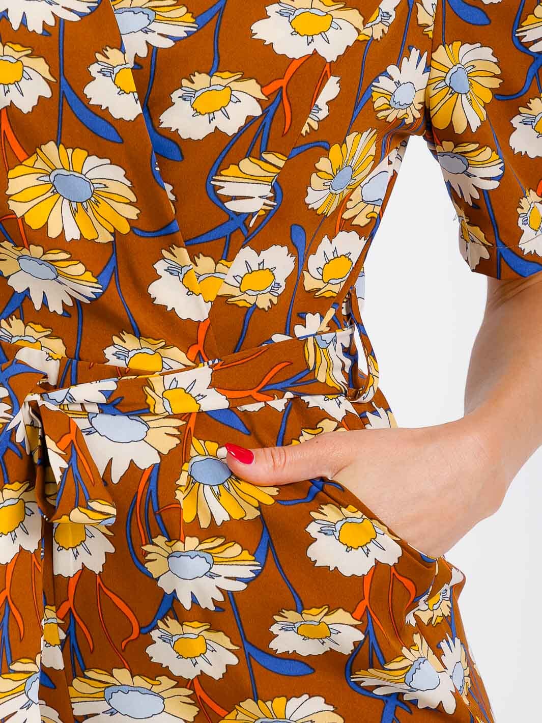 WOMEN'S SHORT SLEEVE SURPLICE SELF TIE FRONT POCKETS FLORAL JUMPSUIT