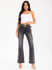 WOMEN'S BUTTON CLOSURE BELTED POCKETS WASHED DENIM BELL LEG PANTS