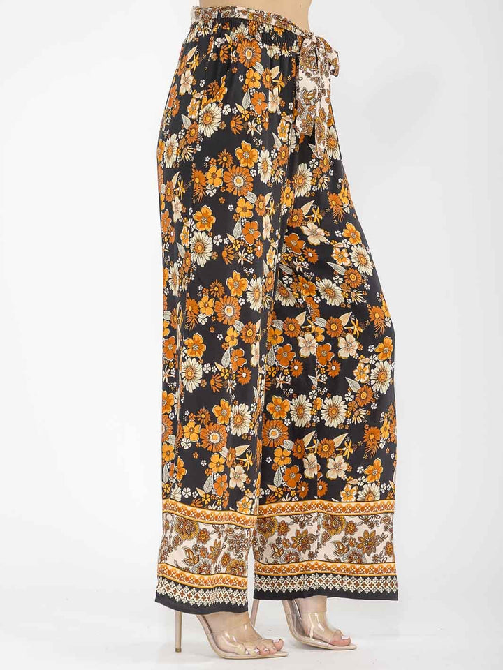 WOMEN'S ELASTIC WAIST SELF TIE FLORAL WIDE LEGS PALAZZO PANTS