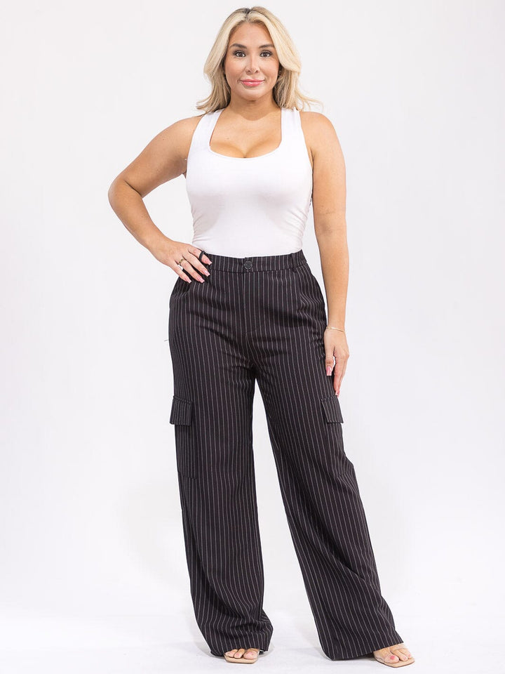 PLUS SIZE BUTTON CLOSURE CARGO POCKETS WIDE LEG STRIPES PANTS