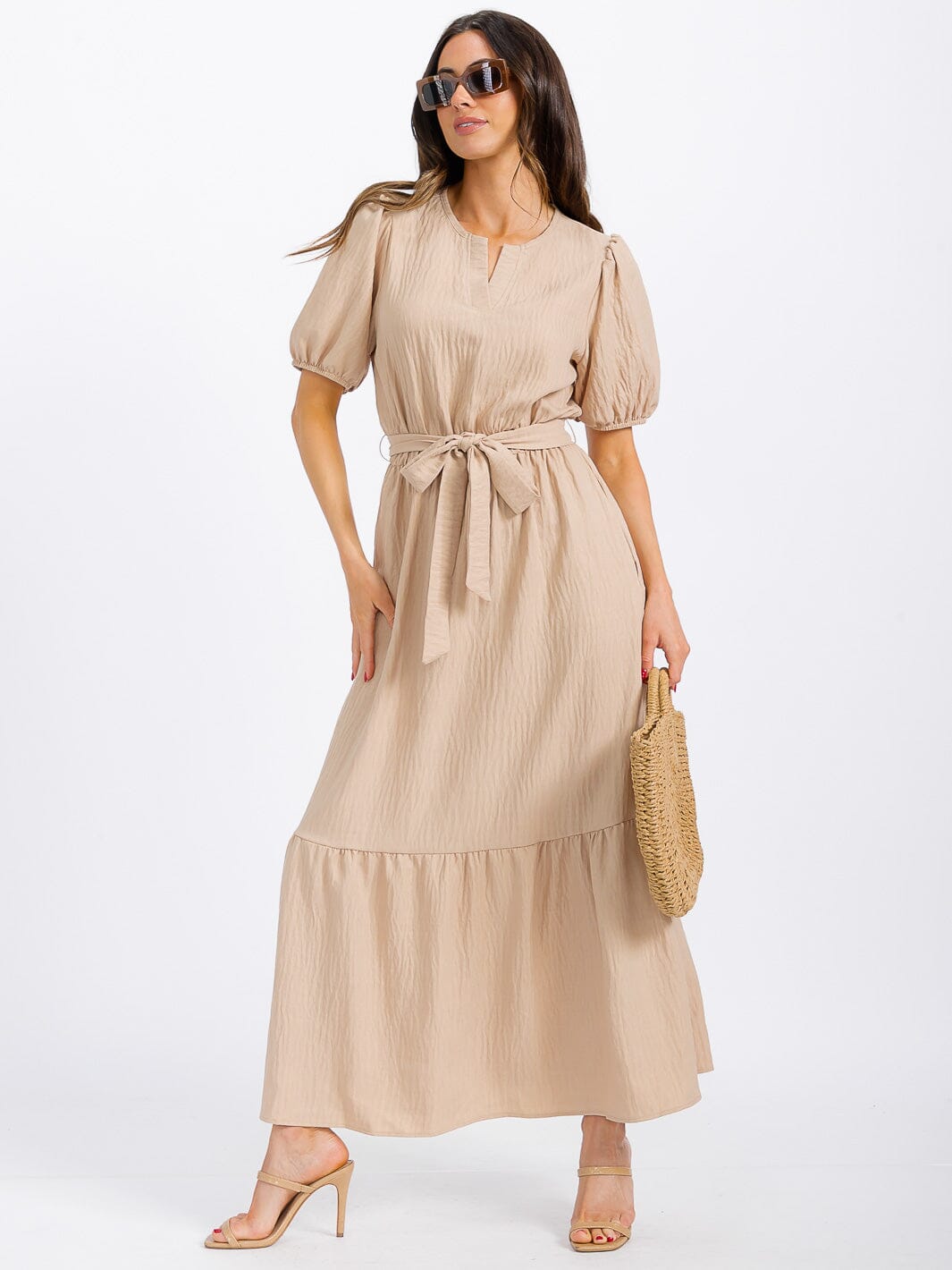 WOMEN'S SHORT SLEEVE SELF TIE TIERED FRONT POCKETS MAXI DRESS