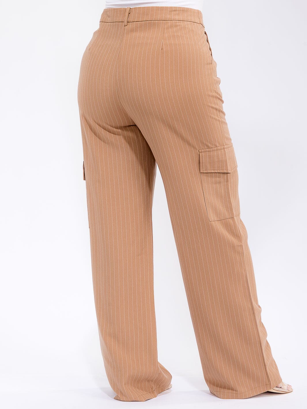 PLUS SIZE BUTTON CLOSURE CARGO POCKETS WIDE LEG STRIPES PANTS
