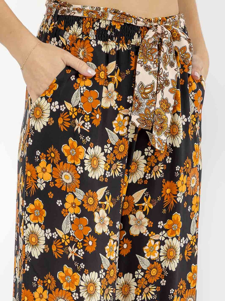 WOMEN'S ELASTIC WAIST SELF TIE FLORAL WIDE LEGS PALAZZO PANTS