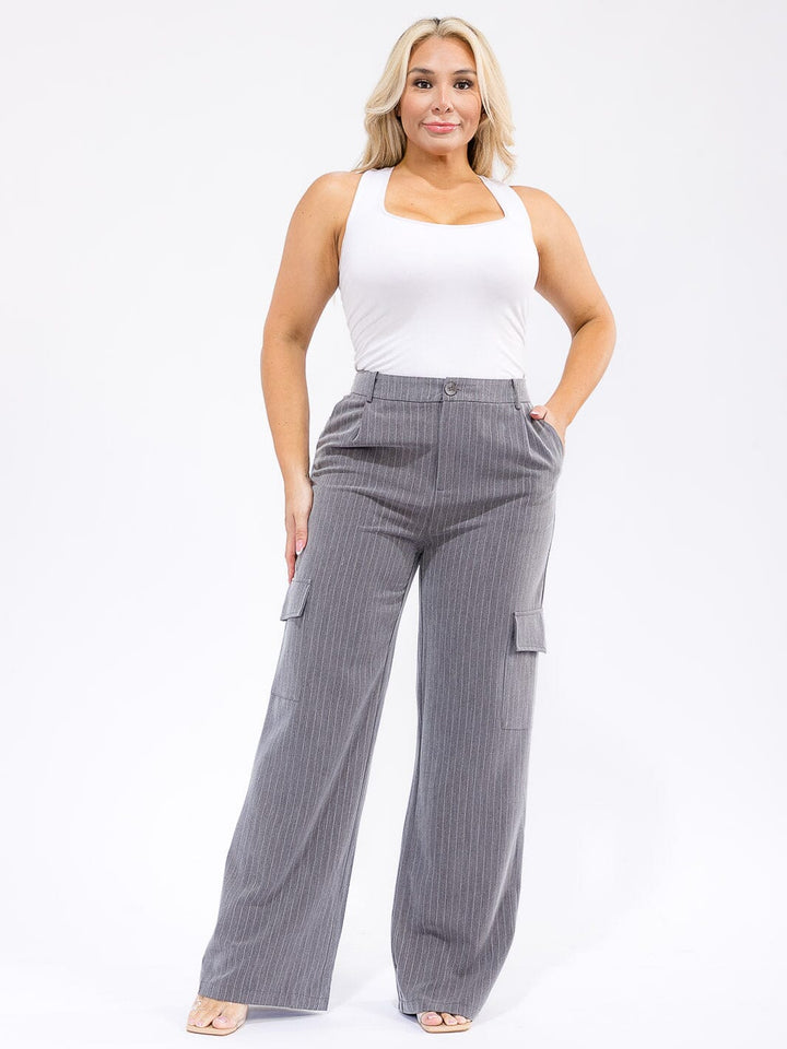 PLUS SIZE BUTTON CLOSURE CARGO POCKETS WIDE LEG STRIPES PANTS