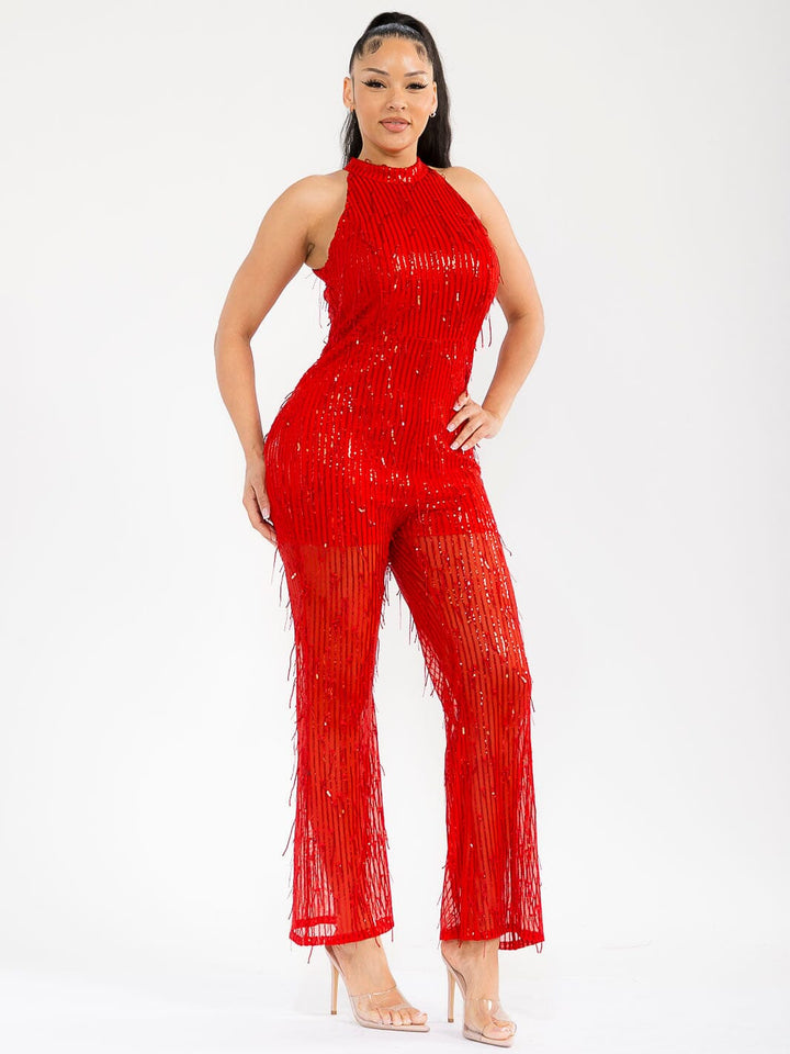 WOMEN'S SLEEVELESS HALTER NECK SEQUINS WIDE LEG JUMPSUIT