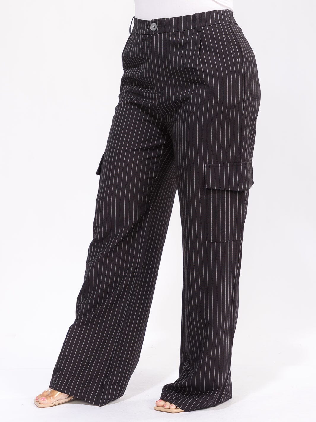PLUS SIZE BUTTON CLOSURE CARGO POCKETS WIDE LEG STRIPES PANTS
