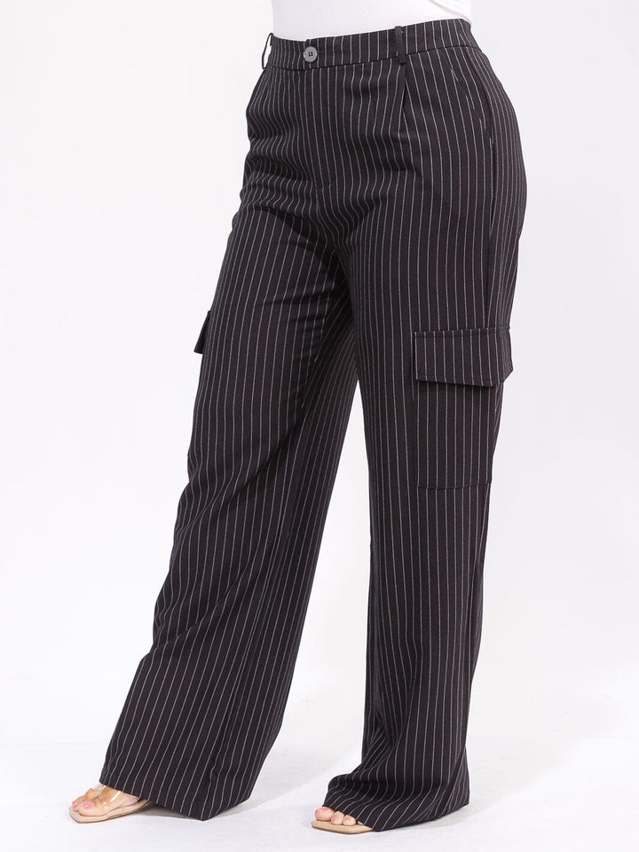 PLUS SIZE BUTTON CLOSURE CARGO POCKETS WIDE LEG STRIPES PANTS