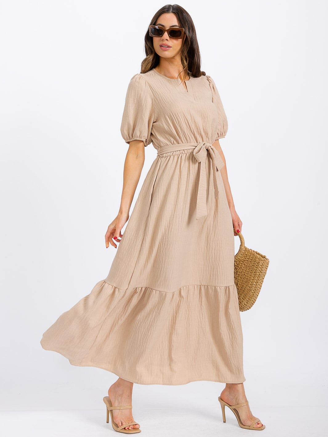 WOMEN'S SHORT SLEEVE SELF TIE TIERED FRONT POCKETS MAXI DRESS