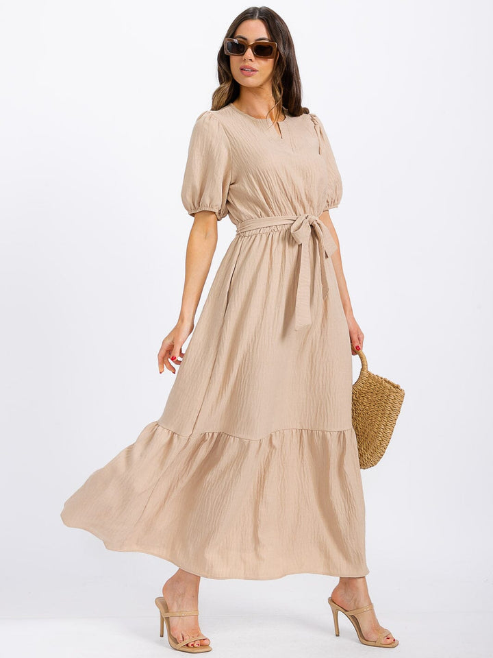 WOMEN'S SHORT SLEEVE SELF TIE TIERED FRONT POCKETS MAXI DRESS