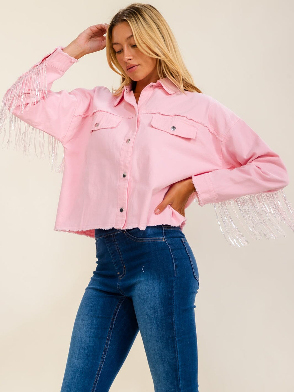 WOMEN'S LONG SLEEVE BUTTON UP FRONT POCKETS RHINESTONES FRINGE DENIM JACKET