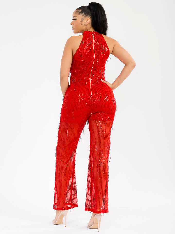 WOMEN'S SLEEVELESS HALTER NECK SEQUINS WIDE LEG JUMPSUIT