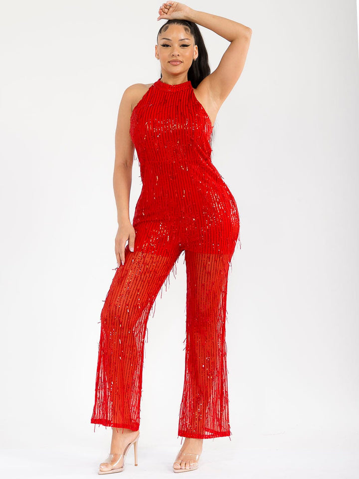 WOMEN'S SLEEVELESS HALTER NECK SEQUINS WIDE LEG JUMPSUIT