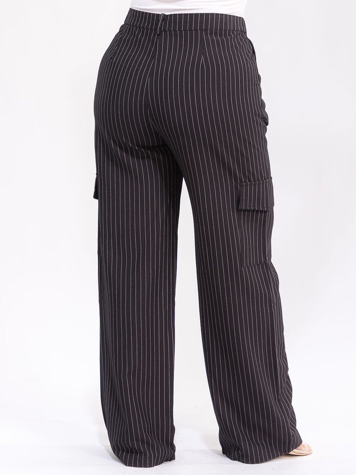 PLUS SIZE BUTTON CLOSURE CARGO POCKETS WIDE LEG STRIPES PANTS
