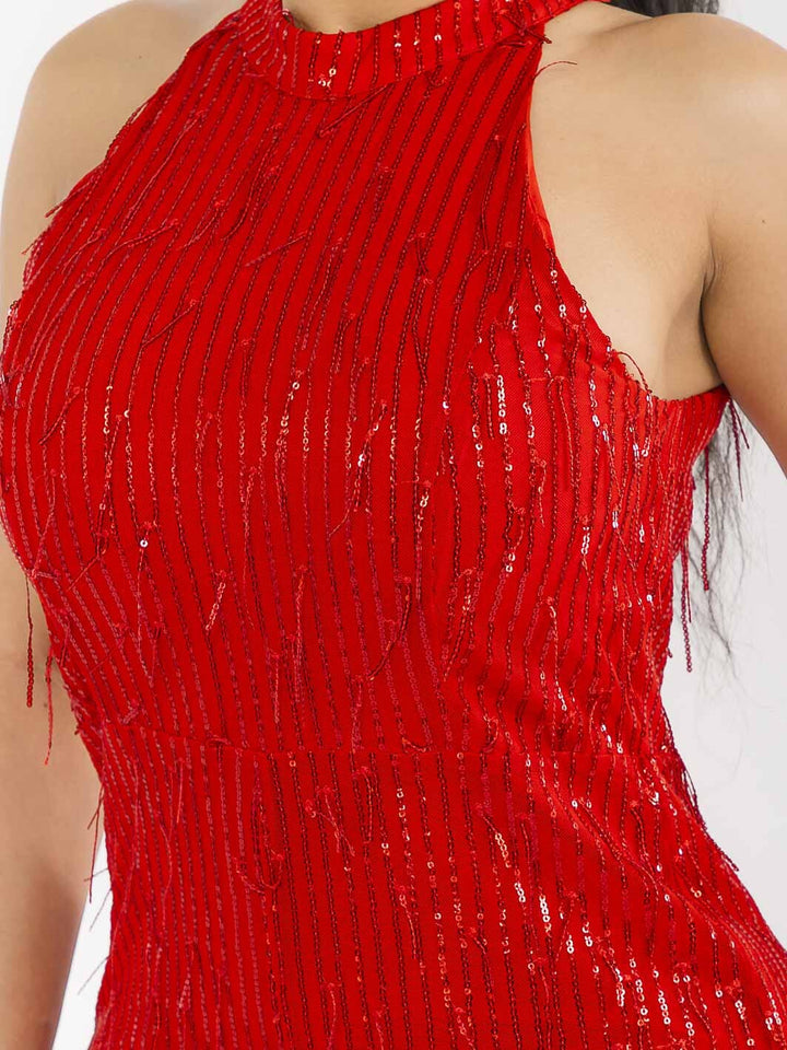 WOMEN'S SLEEVELESS HALTER NECK SEQUINS WIDE LEG JUMPSUIT