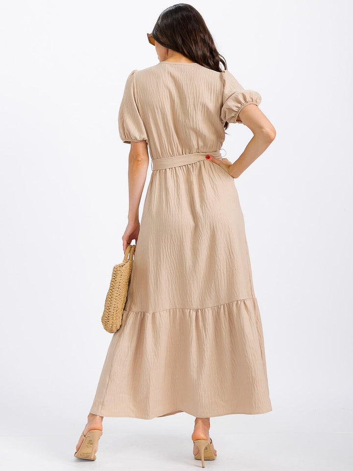 WOMEN'S SHORT SLEEVE SELF TIE TIERED FRONT POCKETS MAXI DRESS