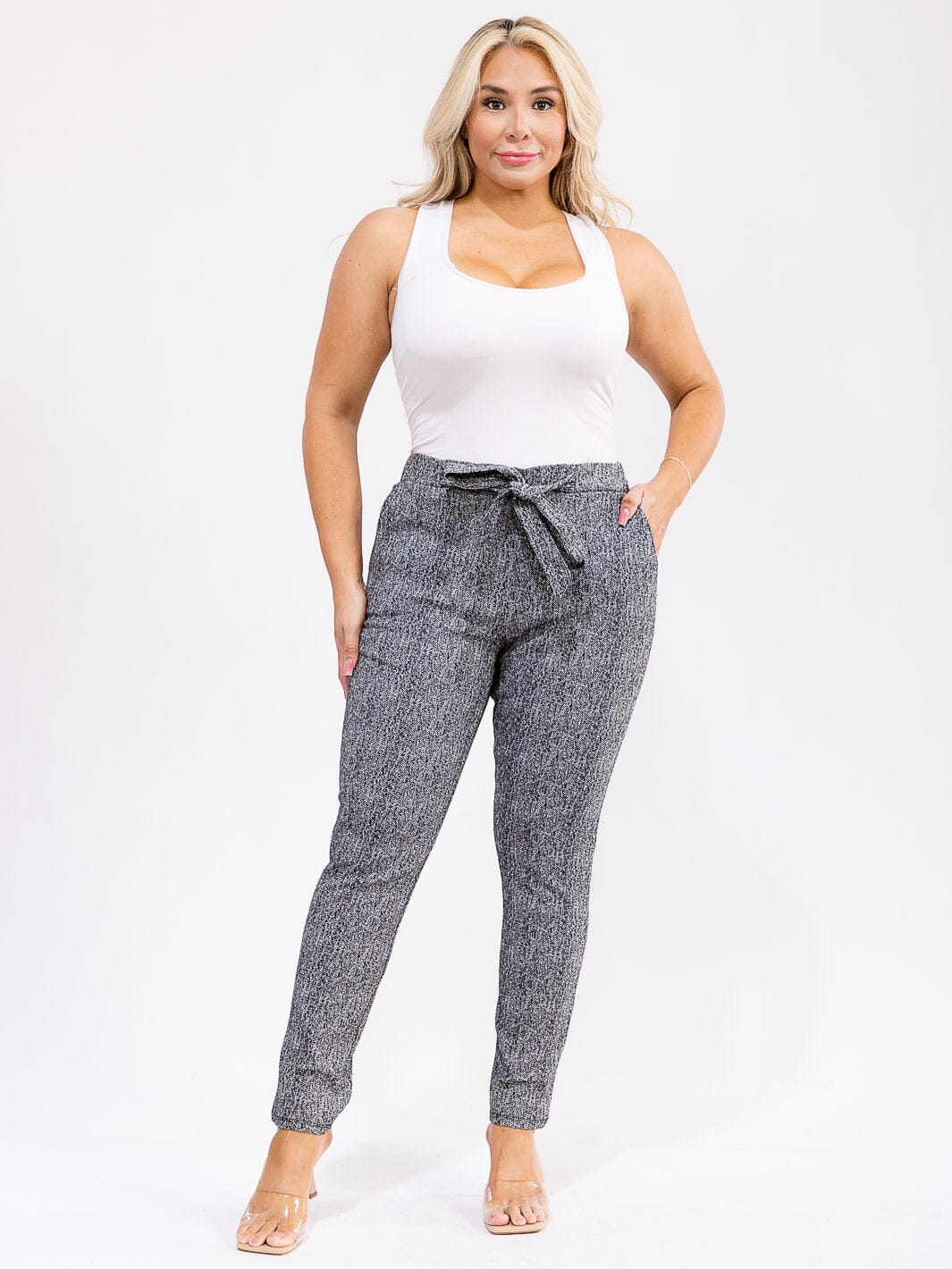 PLUS SIZE ELASTIC WAIST POCKETS SELF TIE SKINNY LEG PANTS