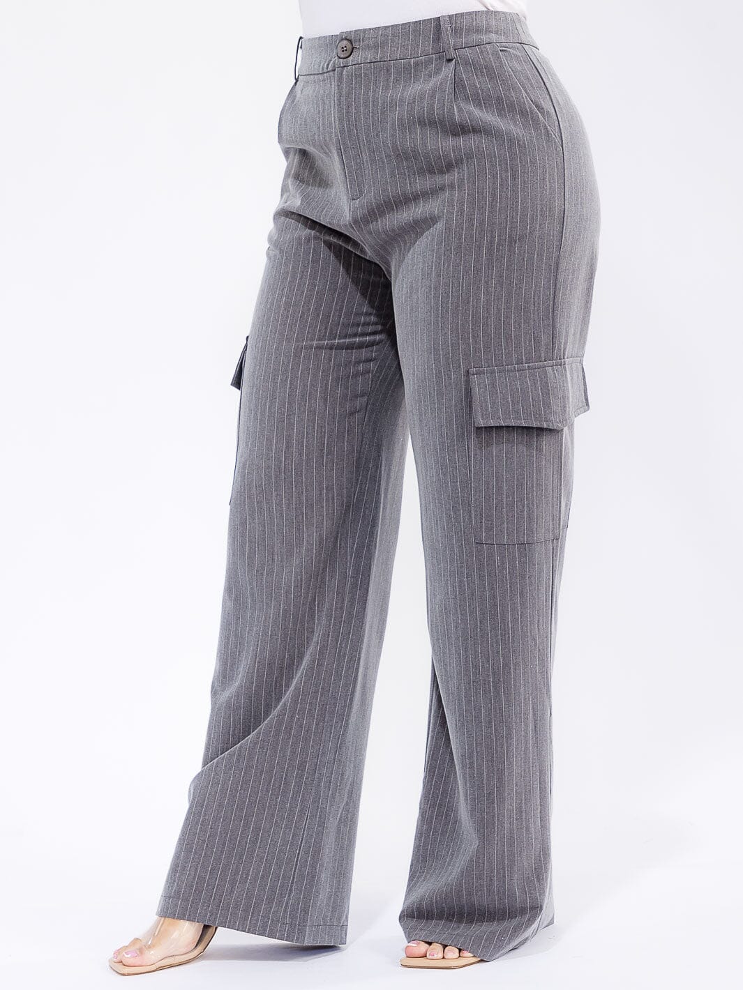 PLUS SIZE BUTTON CLOSURE CARGO POCKETS WIDE LEG STRIPES PANTS