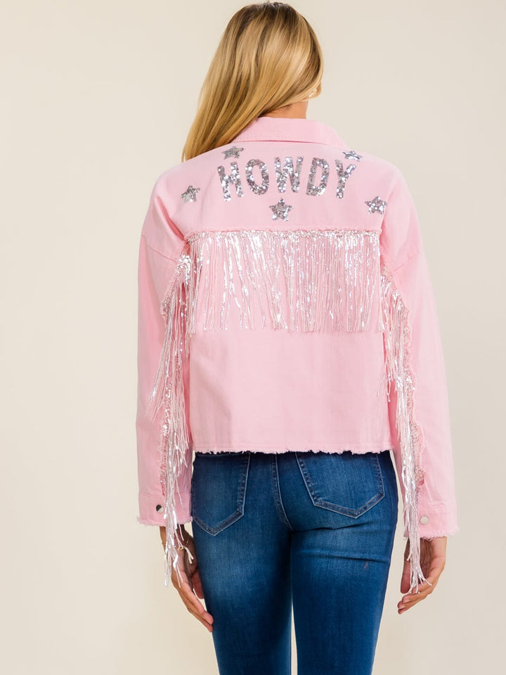 WOMEN'S LONG SLEEVE BUTTON UP FRONT POCKETS RHINESTONES FRINGE DENIM JACKET