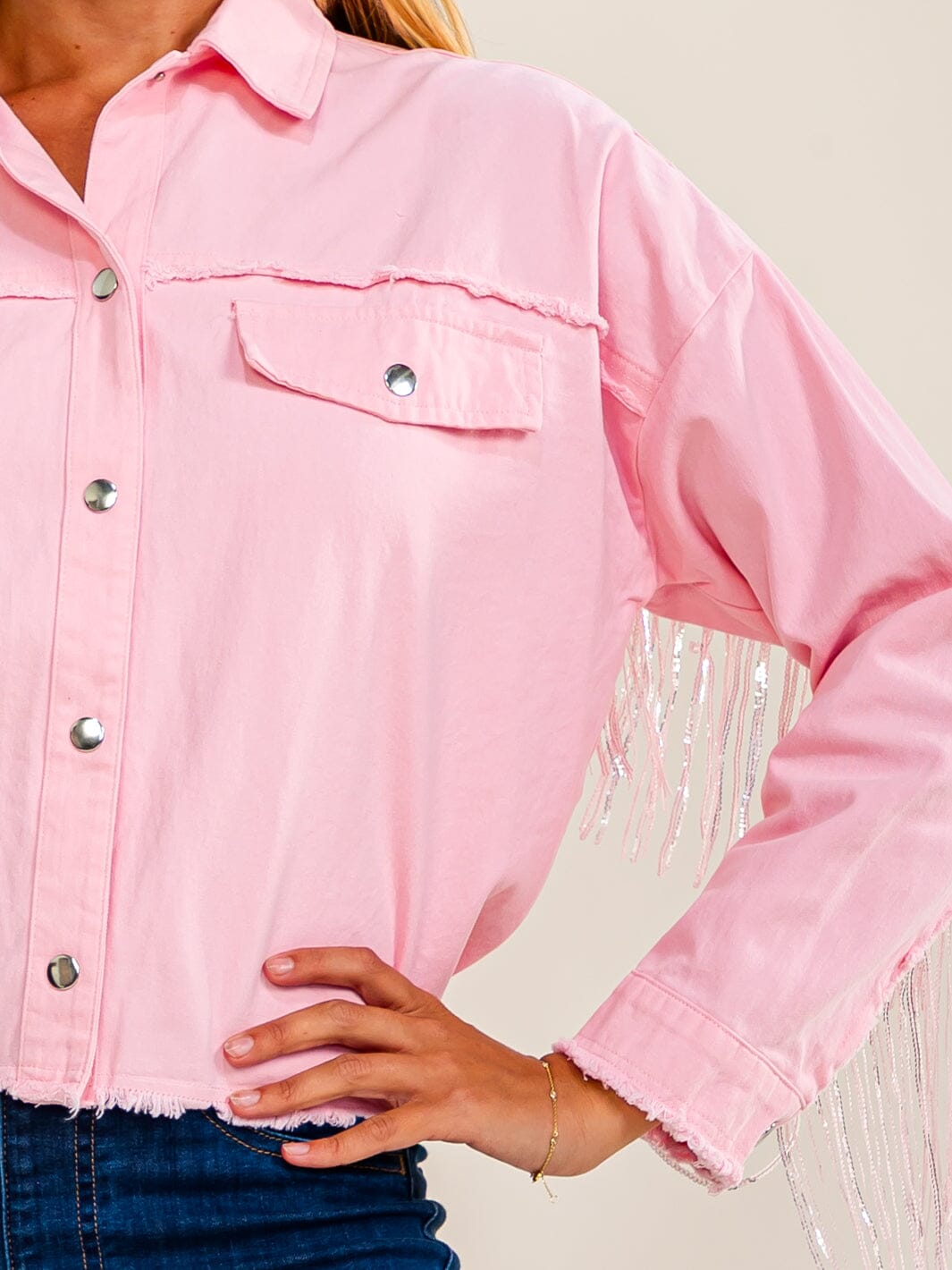 WOMEN'S LONG SLEEVE BUTTON UP FRONT POCKETS RHINESTONES FRINGE DENIM JACKET
