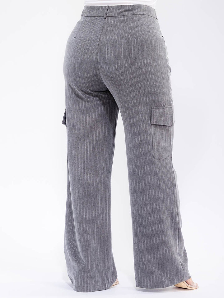 PLUS SIZE BUTTON CLOSURE CARGO POCKETS WIDE LEG STRIPES PANTS