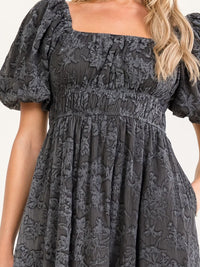 WOMEN'S SHORT PUFF SLEEVE FRONT POCKETS ELASTIC WAIST FLORAL PRINT MAXI DRESS