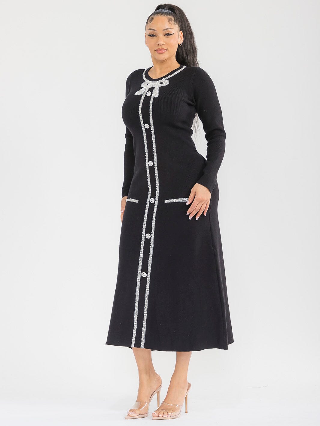 WOMEN'S LONG SLEEVE PEARL DETAILED RIBBED MAXI DRESS