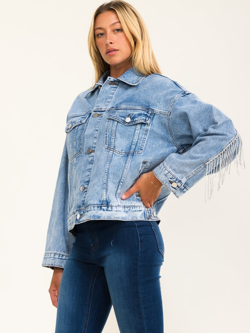 WOMEN'S LONG SLEEVE BUTTON UP FRONT POCKETS RHINESTONES FRINGE WASHED DENIM JACKET