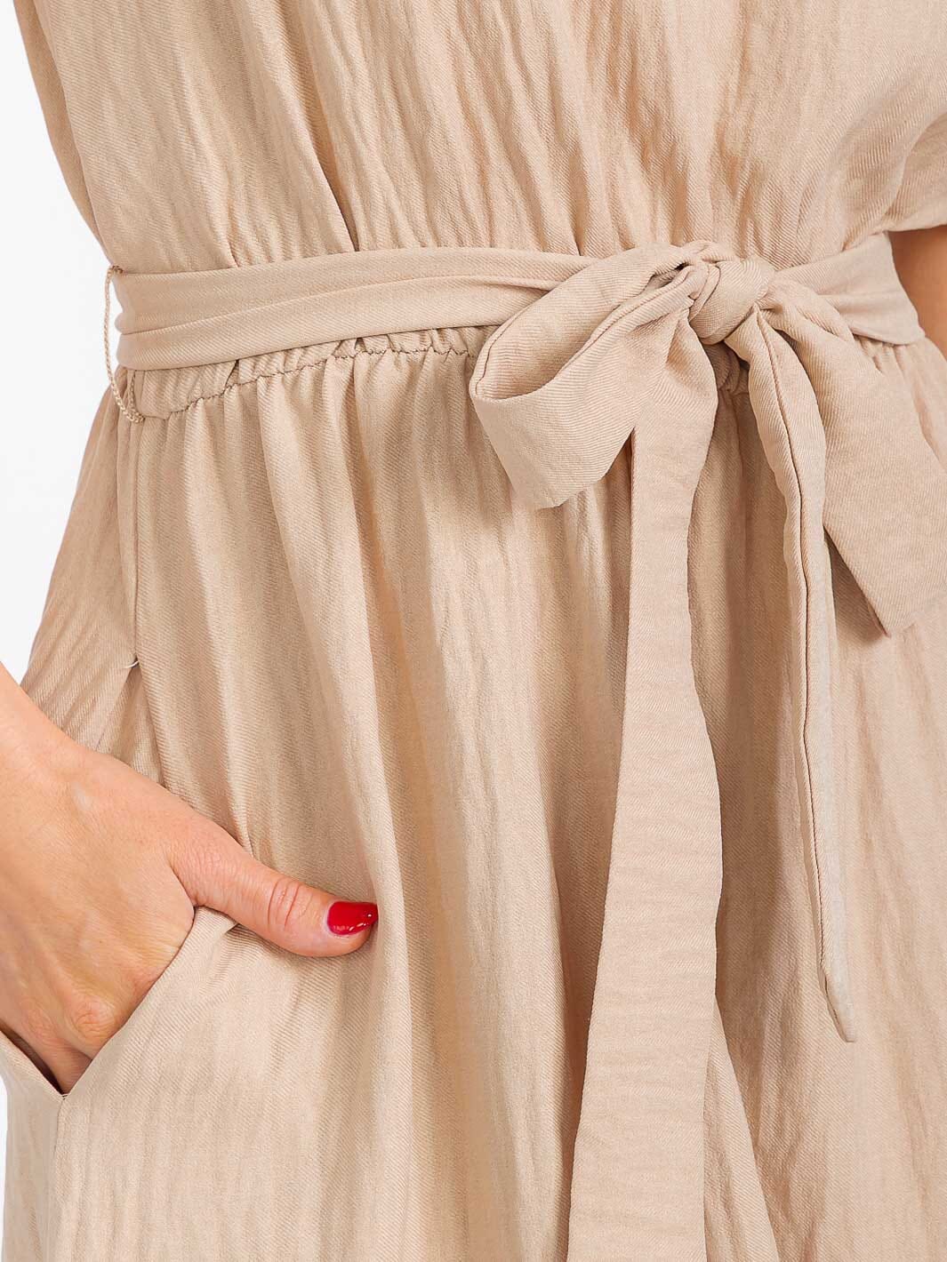 WOMEN'S SHORT SLEEVE SELF TIE TIERED FRONT POCKETS MAXI DRESS