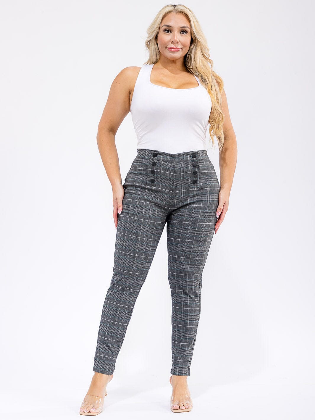 PLUS SIZE BUTTON CLOSURE PLAID SKINNY LEG PANTS