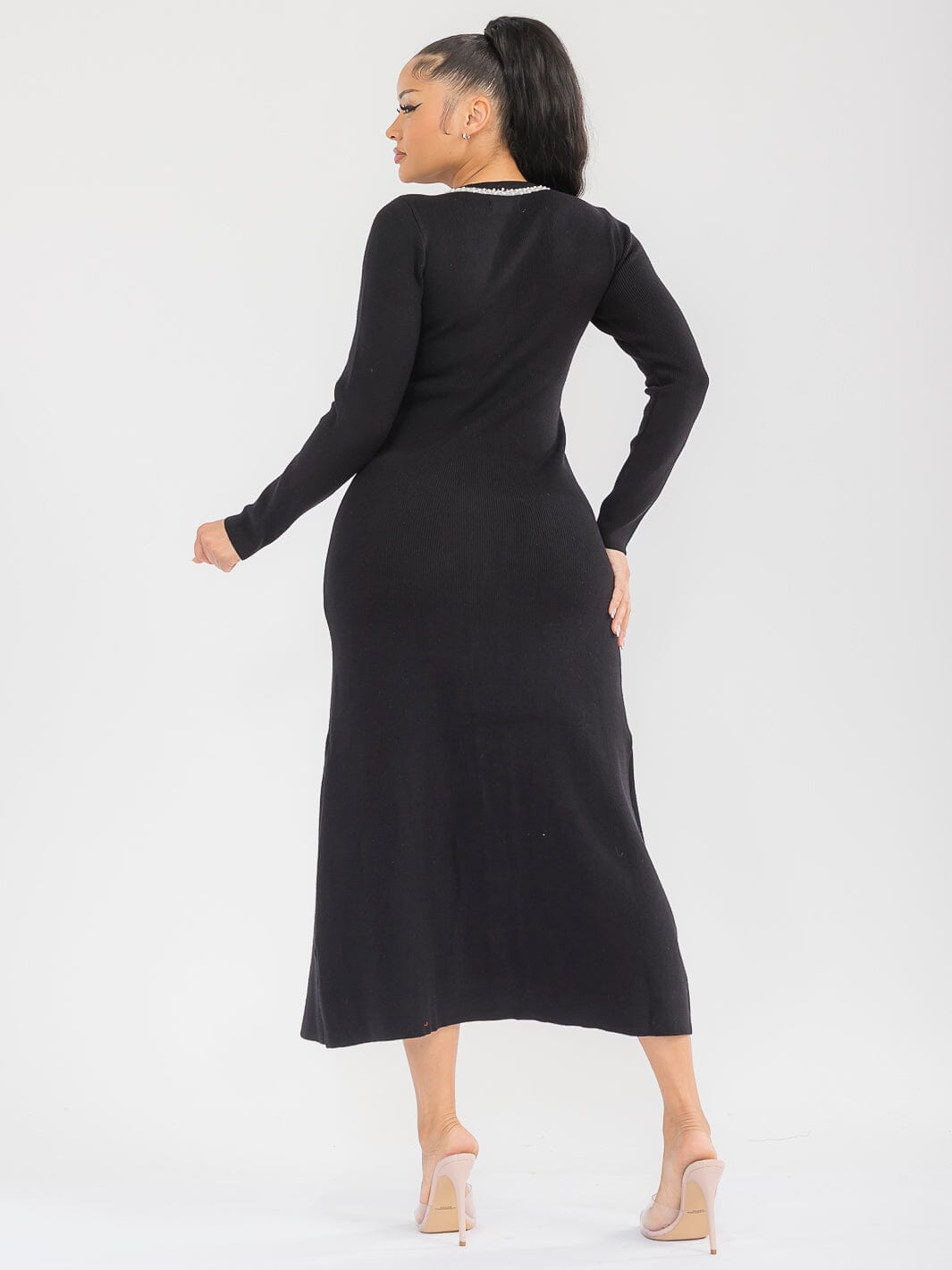 WOMEN'S LONG SLEEVE PEARL DETAILED RIBBED MAXI DRESS