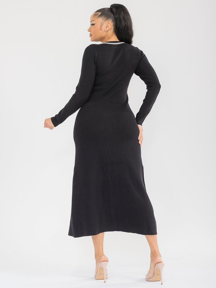 WOMEN'S LONG SLEEVE PEARL DETAILED RIBBED MAXI DRESS