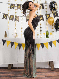 WOMEN'S SLEEVELESS CUT OUT HALTER NECK MULTI SEQUINS BODYCON MAXI DRESS
