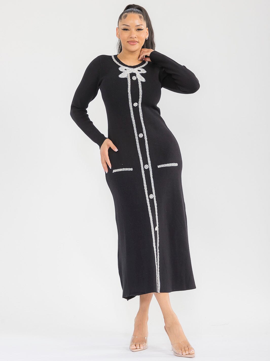 WOMEN'S LONG SLEEVE PEARL DETAILED RIBBED MAXI DRESS