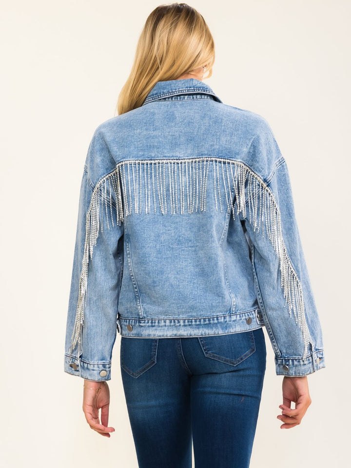 WOMEN'S LONG SLEEVE BUTTON UP FRONT POCKETS RHINESTONES FRINGE WASHED DENIM JACKET