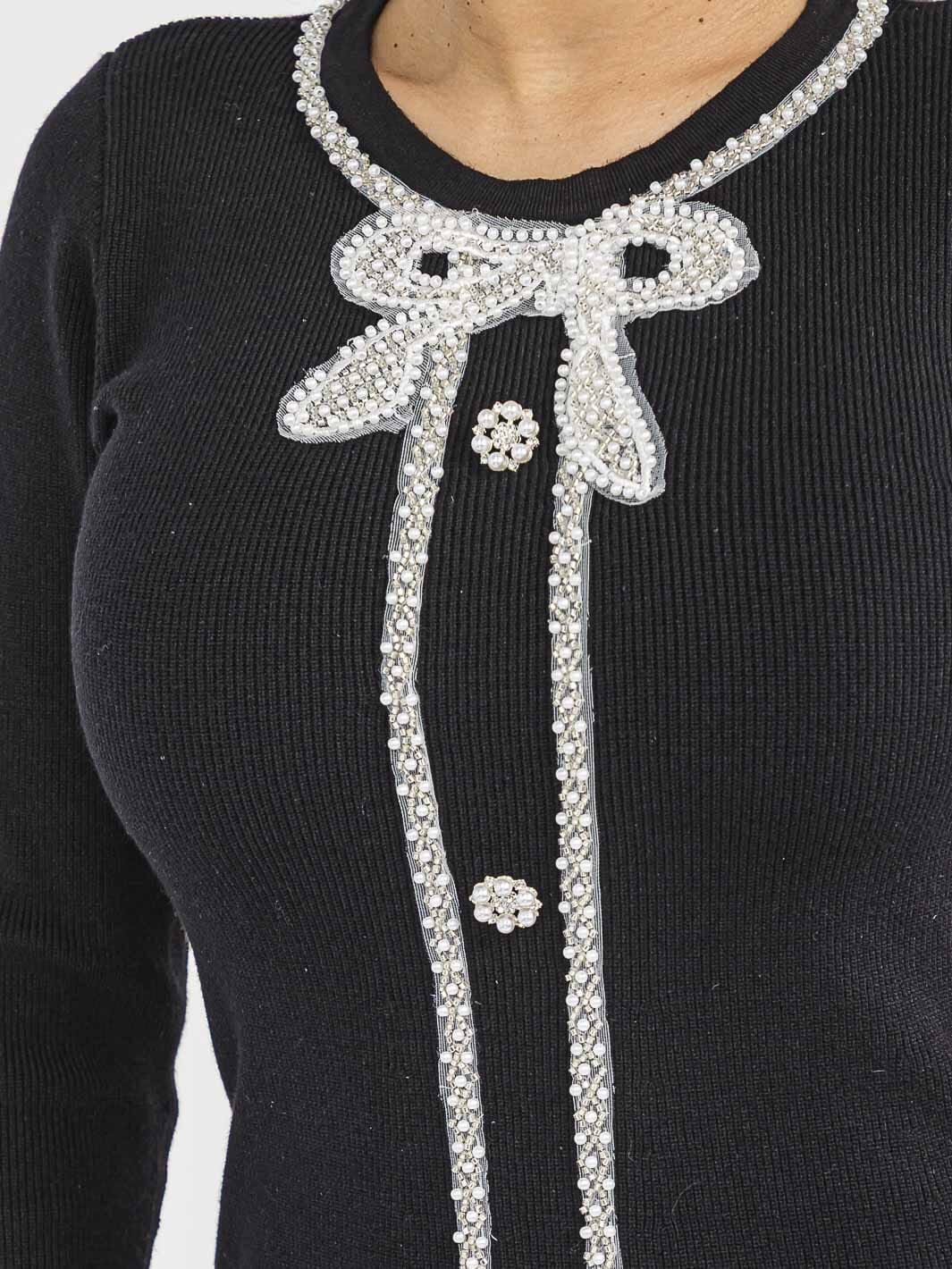 WOMEN'S LONG SLEEVE PEARL DETAILED RIBBED MAXI DRESS
