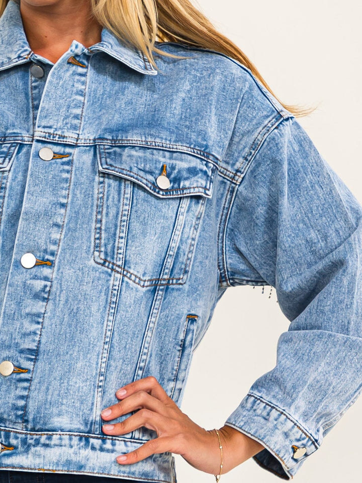 WOMEN'S LONG SLEEVE BUTTON UP FRONT POCKETS RHINESTONES FRINGE WASHED DENIM JACKET