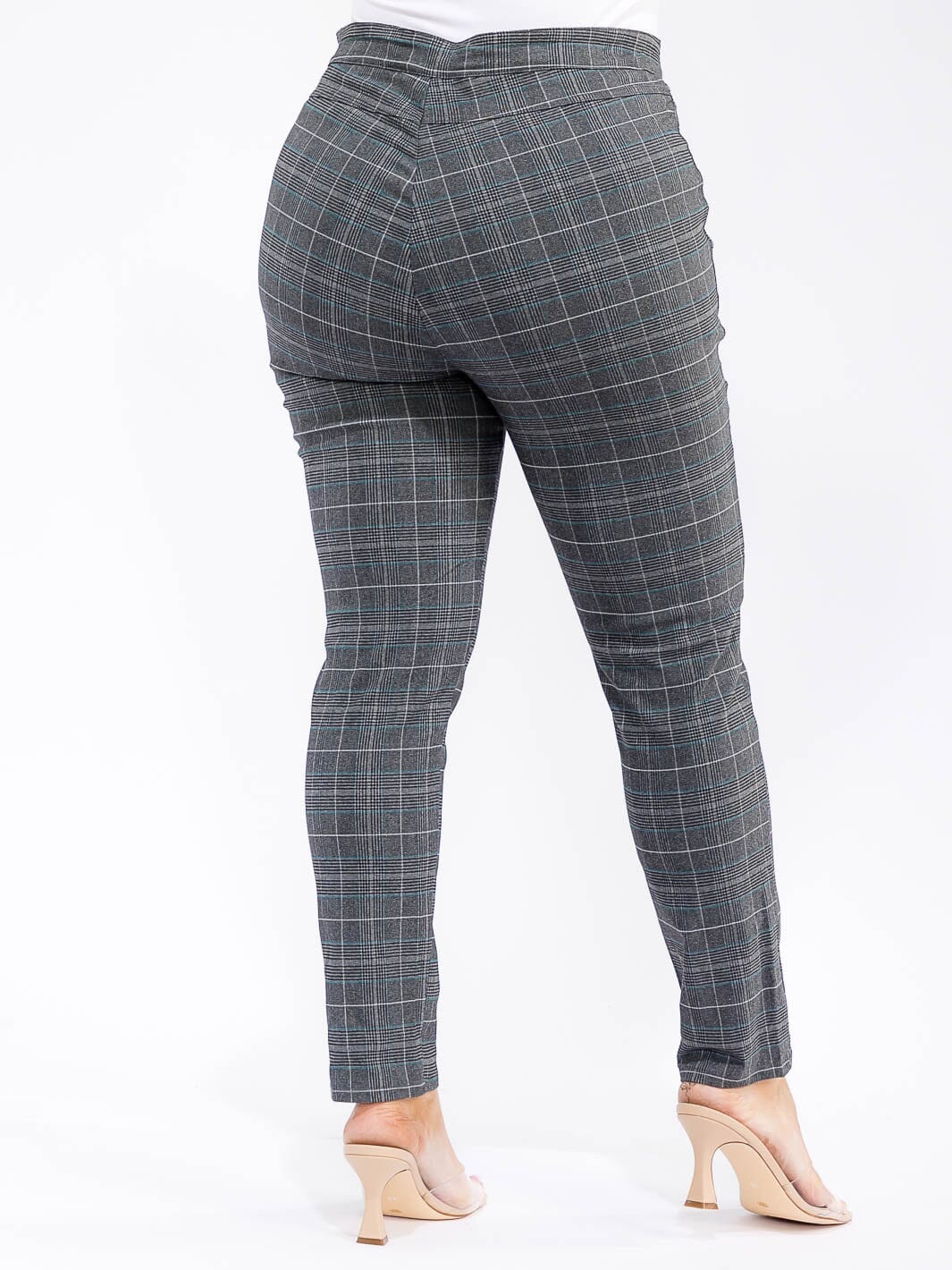 PLUS SIZE BUTTON CLOSURE PLAID SKINNY LEG PANTS