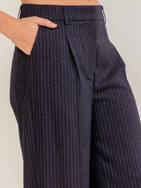 WOMEN'S BUTTON CLOSURE POCKETS STRIPES WIDE LEG PANTS