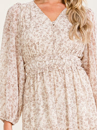 WOMEN'S LONG SLEEVE V-NECK BUTTON UP ELASTIC WAIST TIERED FLORAL PRINT MAXI DRESS