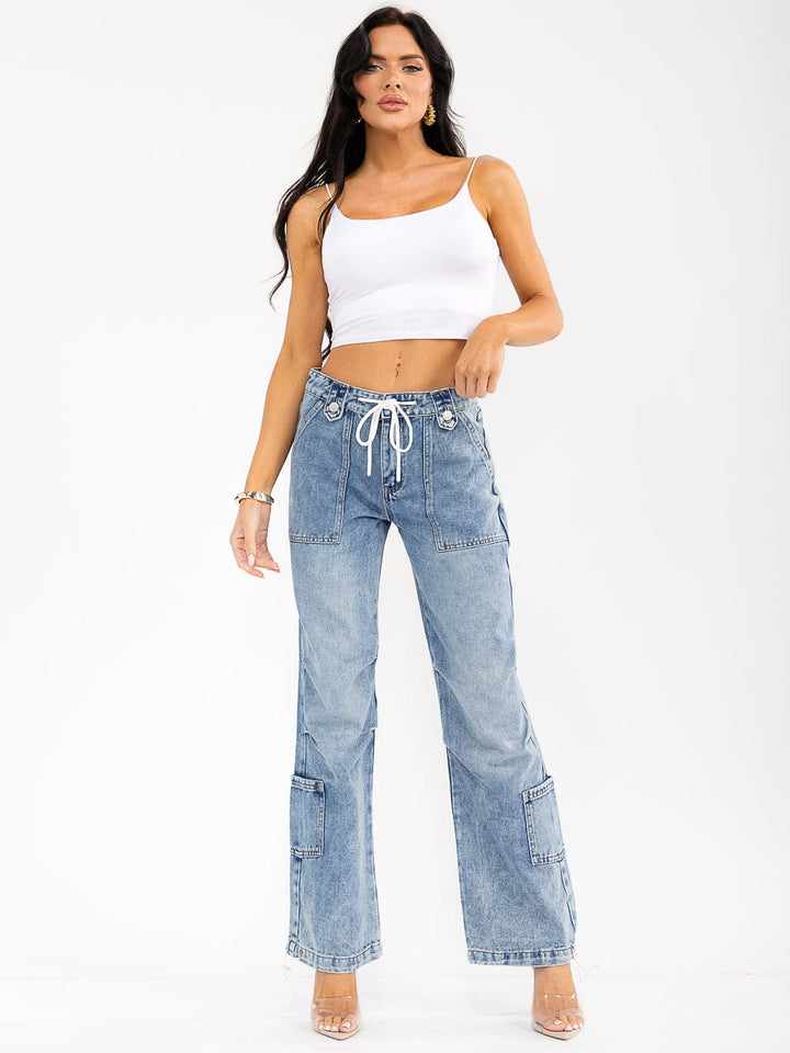 WOMEN'S BUTTON CLOSURE SELF TIE POCKETS WASHED DENIM WIDE LEG PANTS