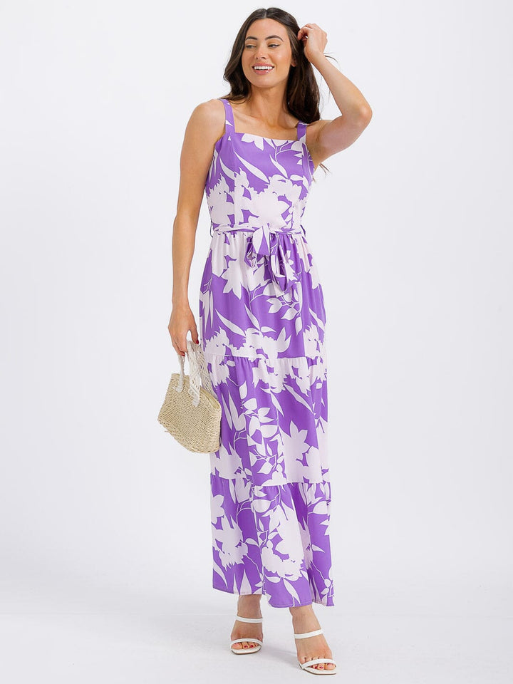 WOMEN'S SLEEVELESS SMOCK SELF TIE PRINT TIERED MAXI DRESS
