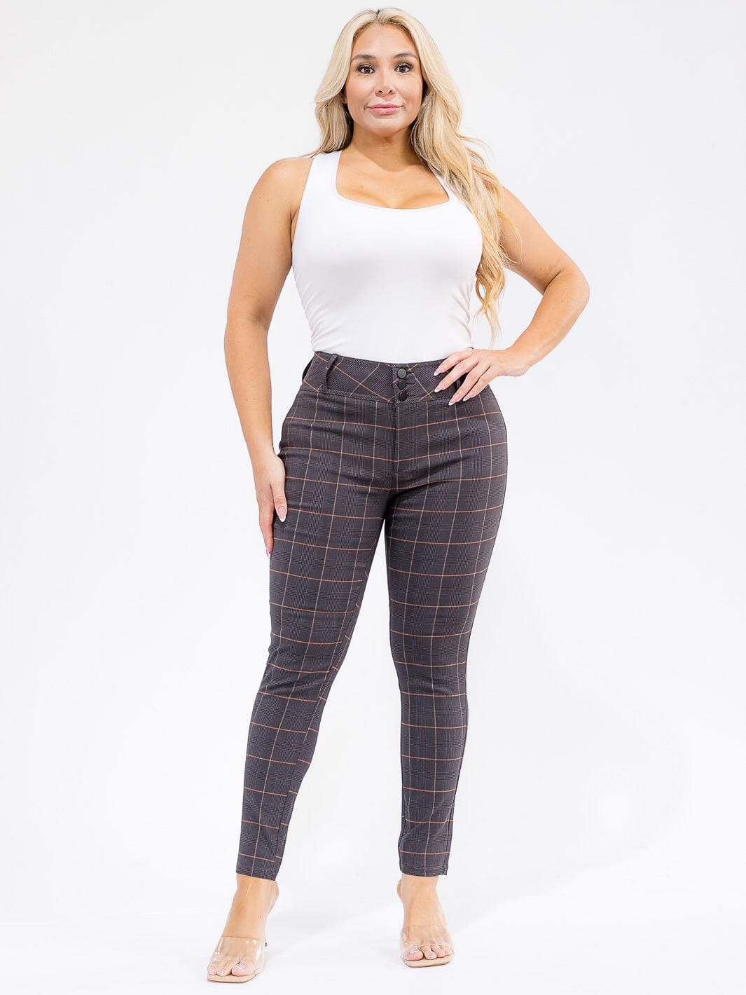 PLUS SIZE BUTTON CLOSURE PLAID SKINNY LEG PANTS