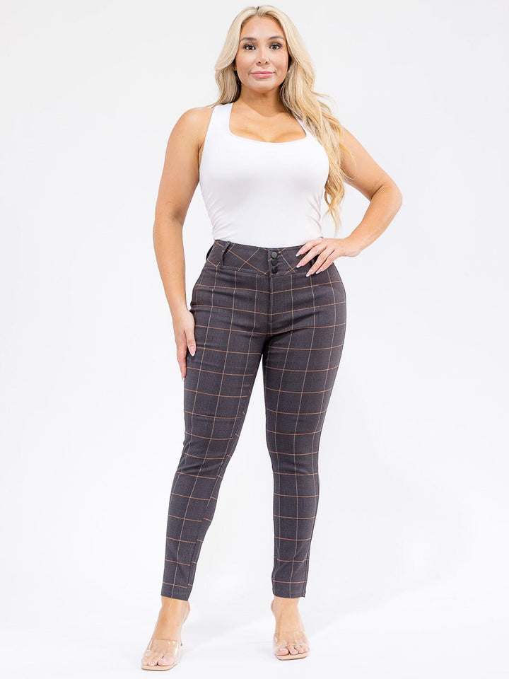 PLUS SIZE BUTTON CLOSURE PLAID SKINNY LEG PANTS