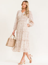WOMEN'S LONG SLEEVE V-NECK BUTTON UP ELASTIC WAIST TIERED FLORAL PRINT MAXI DRESS