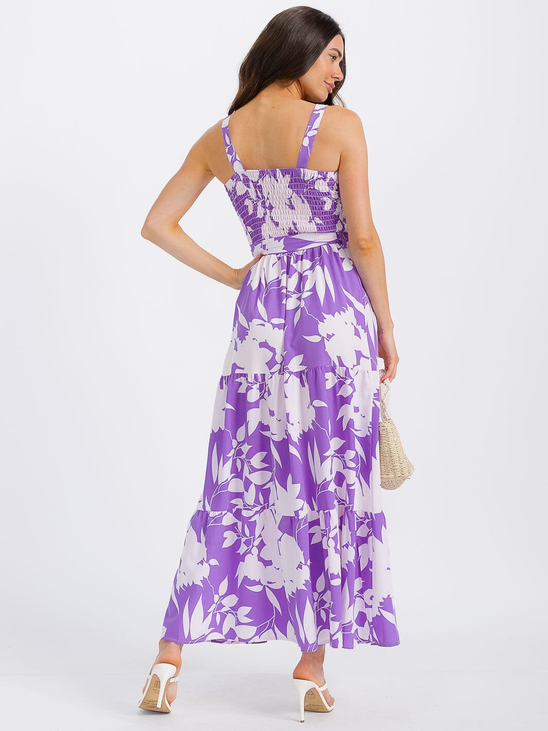 WOMEN'S SLEEVELESS SMOCK SELF TIE PRINT TIERED MAXI DRESS