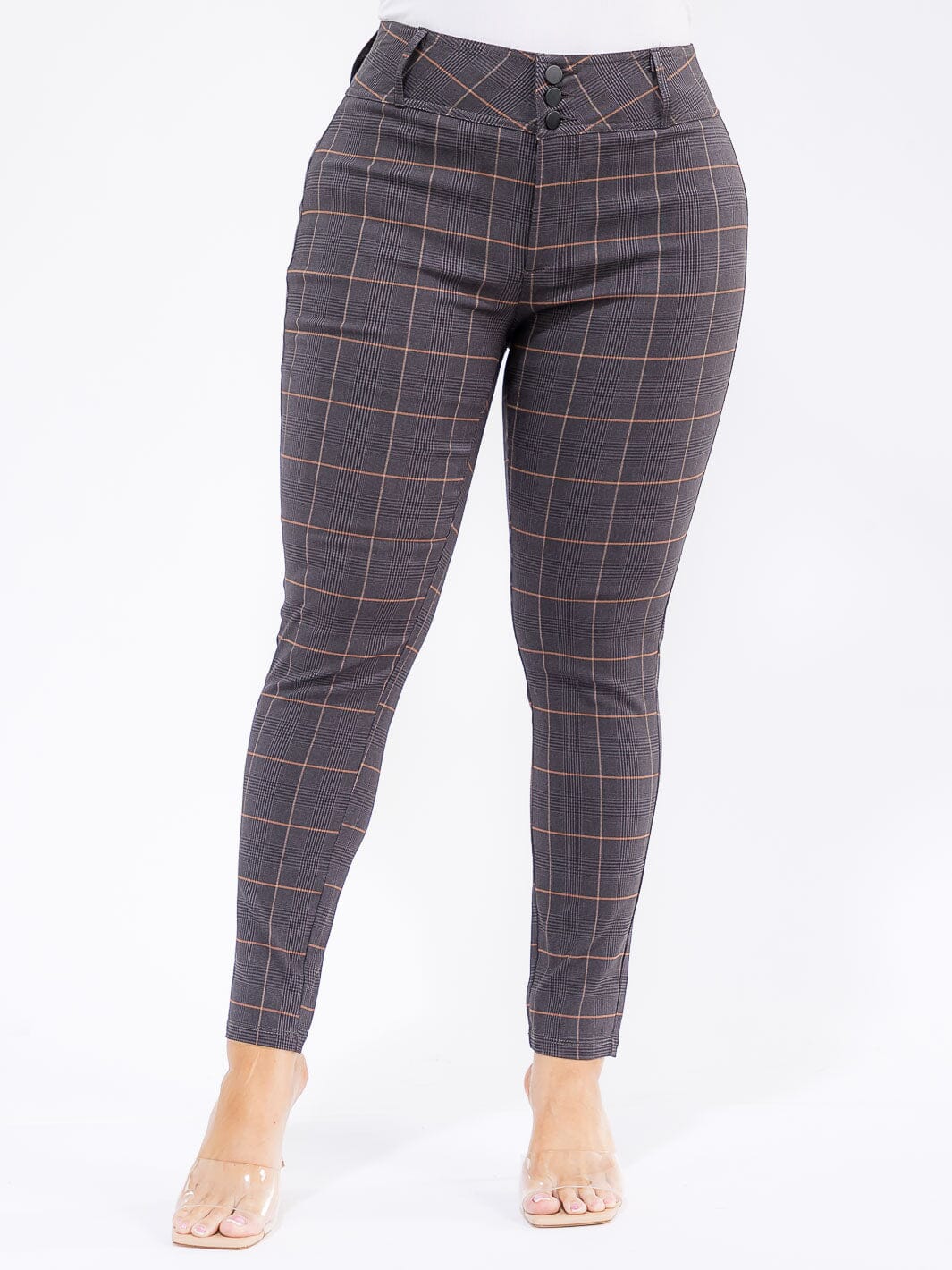 PLUS SIZE BUTTON CLOSURE PLAID SKINNY LEG PANTS