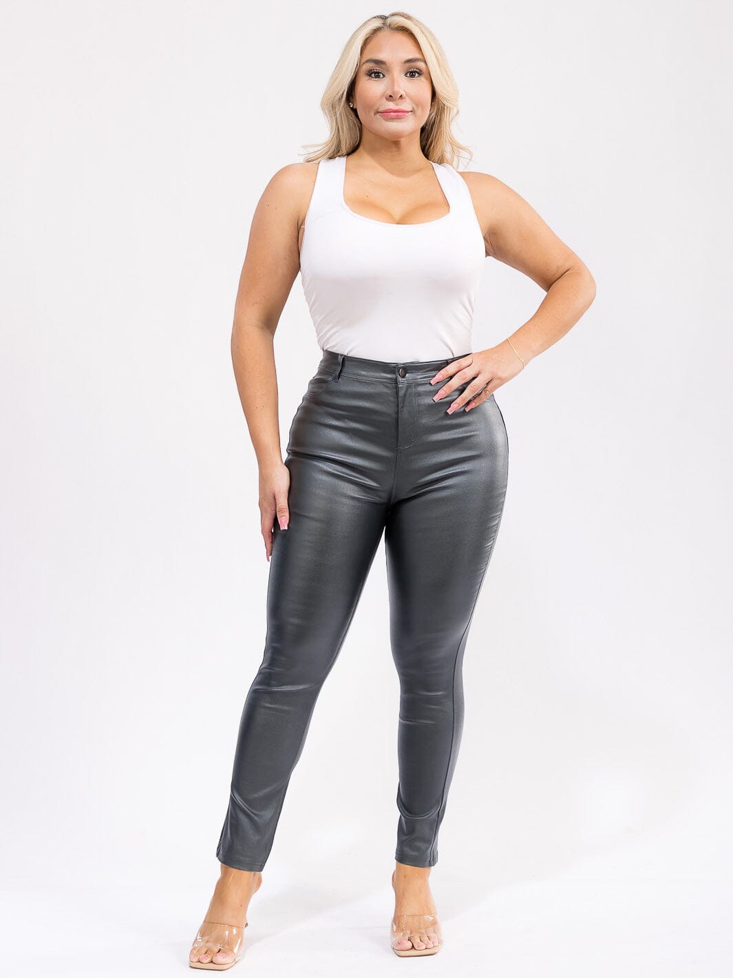 PLUS SIZE BUTTON CLOSURE BACK POCKETS SKINNY LEG PU PLEATHER PANTS
