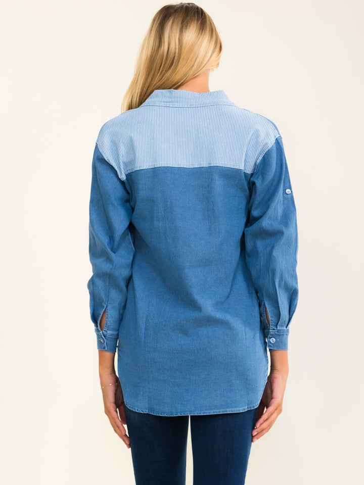 WOMEN'S LONG SLEEVE BUTTON UP FRONT POCKETS DENIM SHIRT