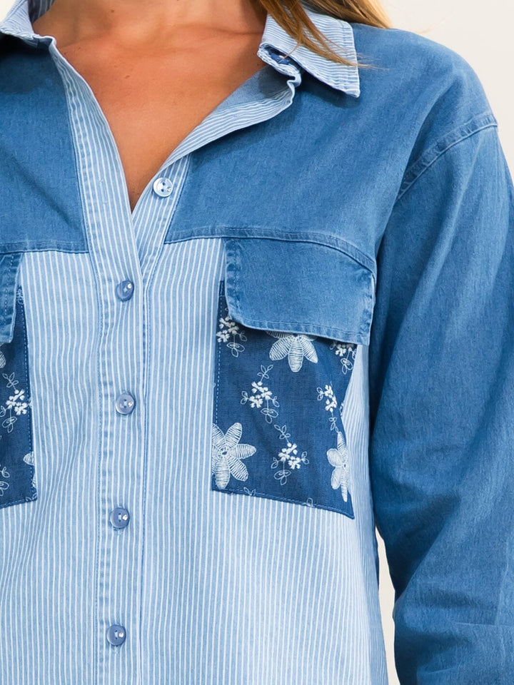 WOMEN'S LONG SLEEVE BUTTON UP FRONT POCKETS DENIM SHIRT