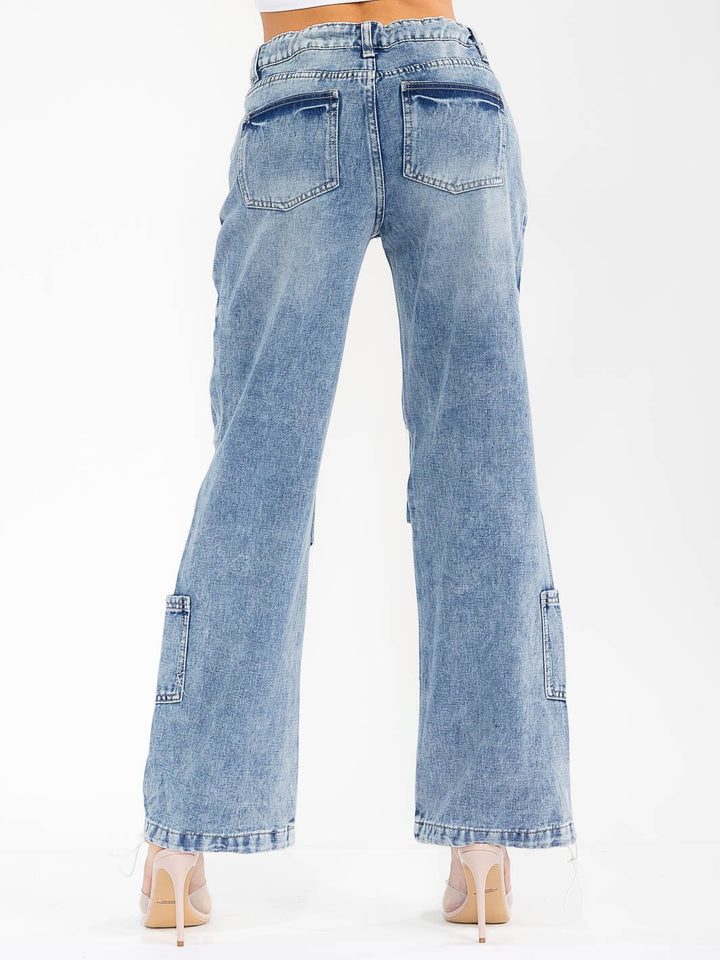 WOMEN'S BUTTON CLOSURE SELF TIE POCKETS WASHED DENIM WIDE LEG PANTS